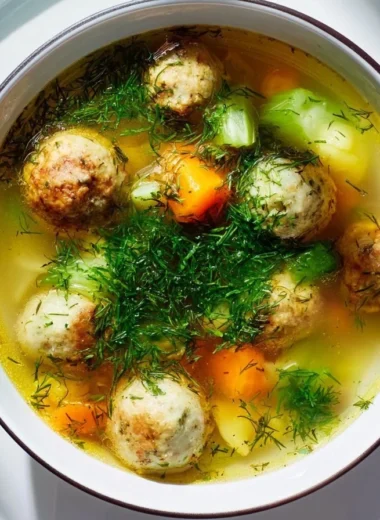 Traditional Hochzeitssuppe served in a beautiful bowl with herbs.