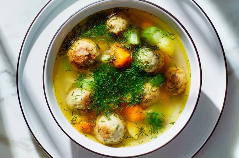 Traditional Hochzeitssuppe served in a beautiful bowl with herbs.