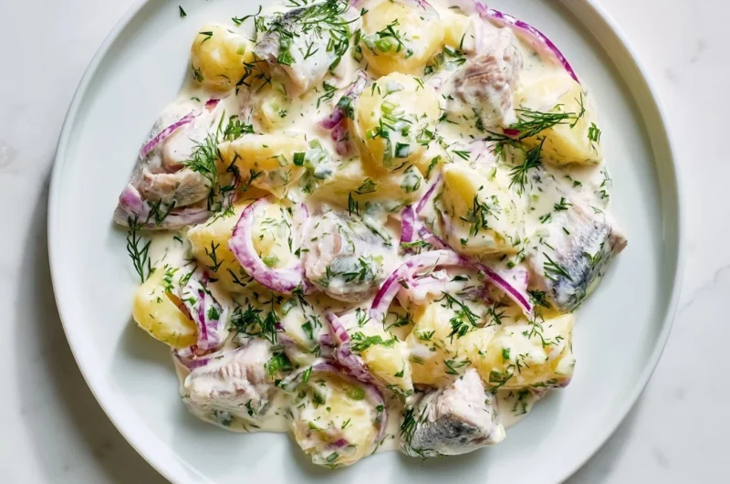 Delicious Matjesfilet Hausfrauenart served on a plate with garnish