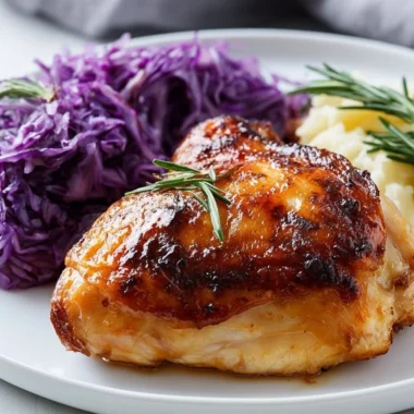One-pan Oktoberfest chicken with red cabbage served on a plate