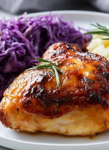One-pan Oktoberfest chicken with red cabbage served on a plate