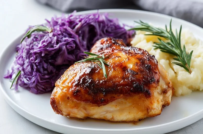 One-pan Oktoberfest chicken with red cabbage served on a plate