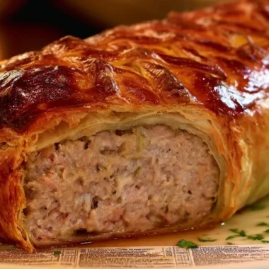 Delicious Pâté en Croûte served on a wooden board with fresh herbs