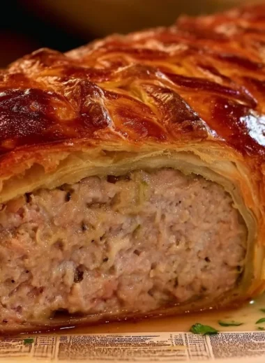 Delicious Pâté en Croûte served on a wooden board with fresh herbs