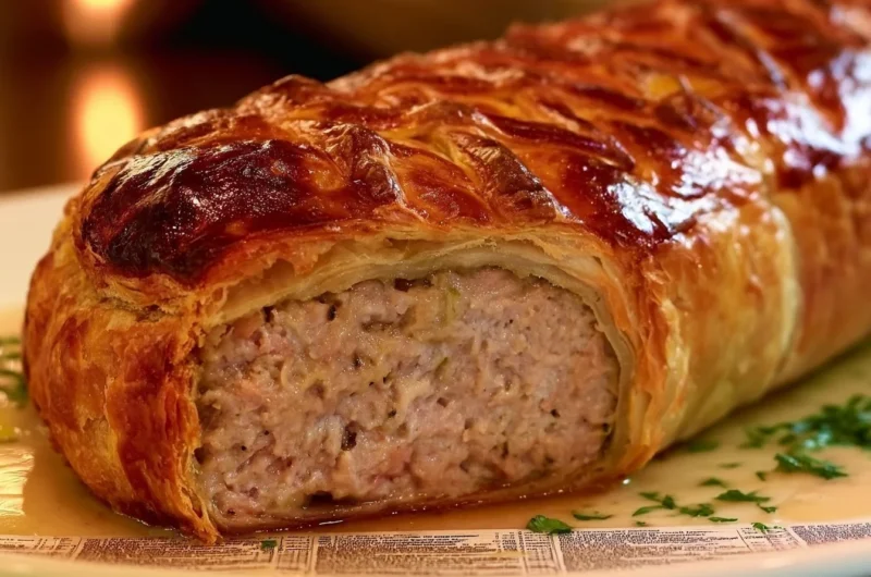 Delicious Pâté en Croûte served on a wooden board with fresh herbs