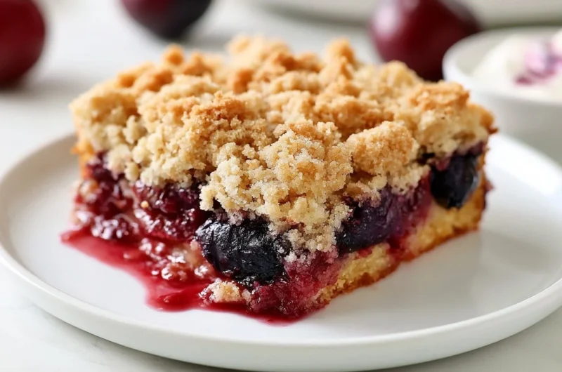Rustic German plum cake topped with fresh plums, a delicious dessert option
