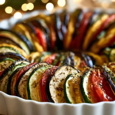 Silky ratatouille made with eggplant and zucchini, garnished and plated.