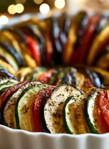 Silky ratatouille made with eggplant and zucchini, garnished and plated.