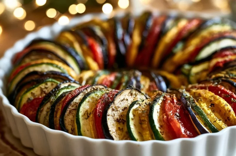 Silky ratatouille made with eggplant and zucchini, garnished and plated.
