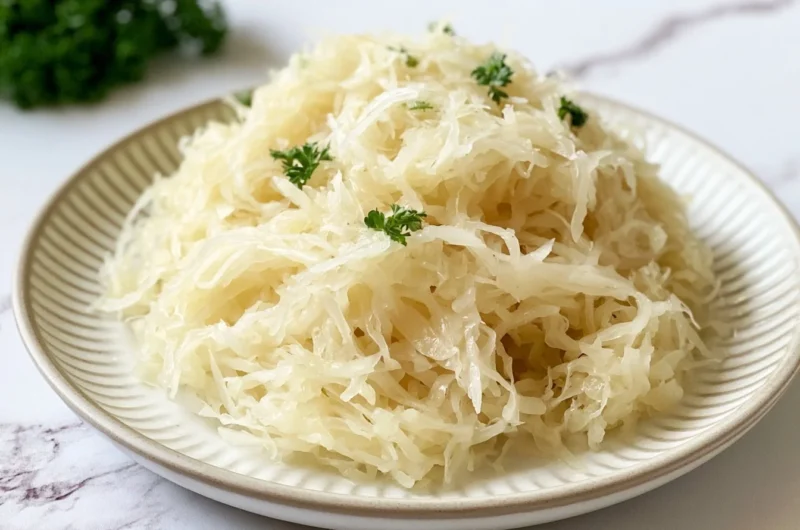 Delicious homemade German Sauerkraut in a glass jar with spices