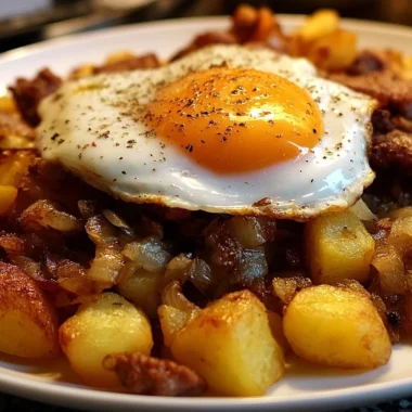 Delicious Tiroler Gröstl served in a rustic dish with potatoes and meat