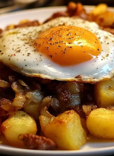 Delicious Tiroler Gröstl served in a rustic dish with potatoes and meat