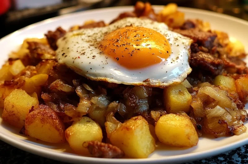 Delicious Tiroler Gröstl served in a rustic dish with potatoes and meat