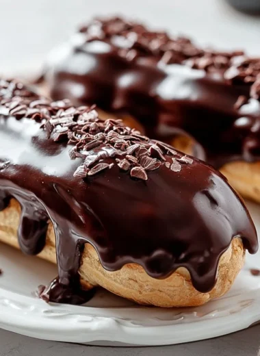 Traditional French éclairs with chocolate glaze and creamy filling