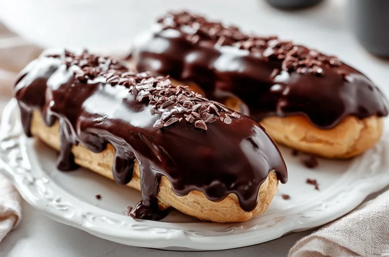 Traditional French éclairs with chocolate glaze and creamy filling