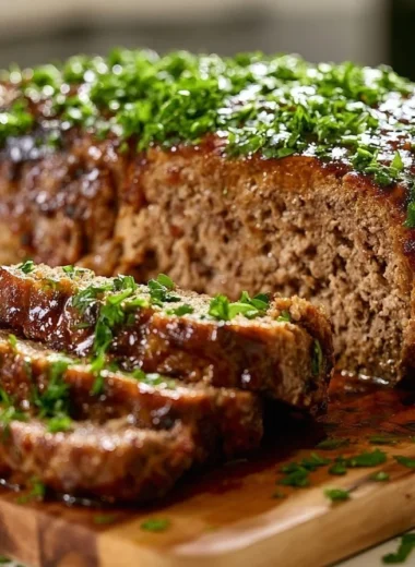 Traditional German meatloaf (Hackbraten) served with garnish