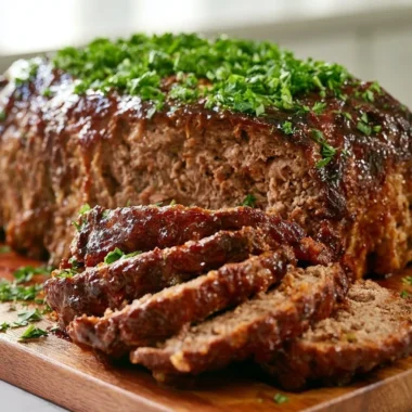 Slice of traditional German meatloaf (Hackbraten) served on a plate