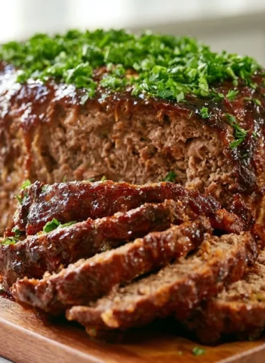 Slice of traditional German meatloaf (Hackbraten) served on a plate