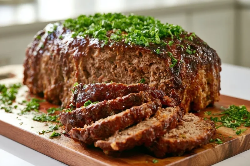 Slice of traditional German meatloaf (Hackbraten) served on a plate