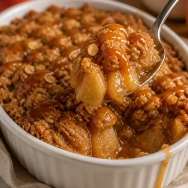 Delicious apple crisp topped with caramel in a baking dish