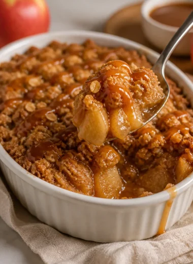 Delicious apple crisp topped with caramel in a baking dish