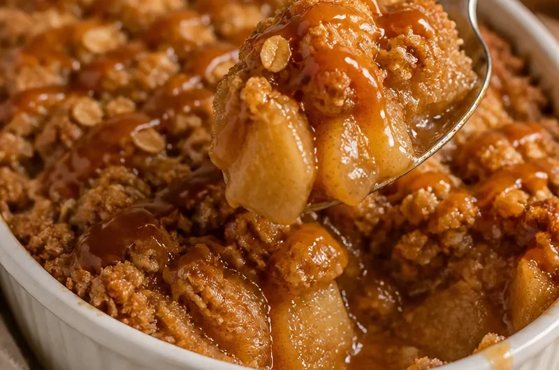 Delicious apple crisp topped with caramel in a baking dish
