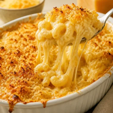 Baked mac and cheese with three cheese varieties in a creamy sauce