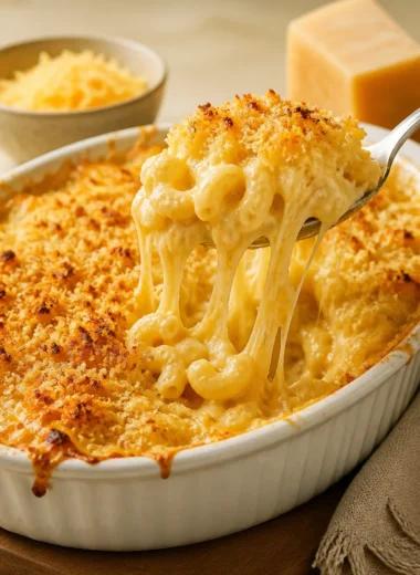 Baked mac and cheese with three cheese varieties in a creamy sauce