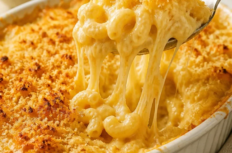 Baked mac and cheese with three cheese varieties in a creamy sauce