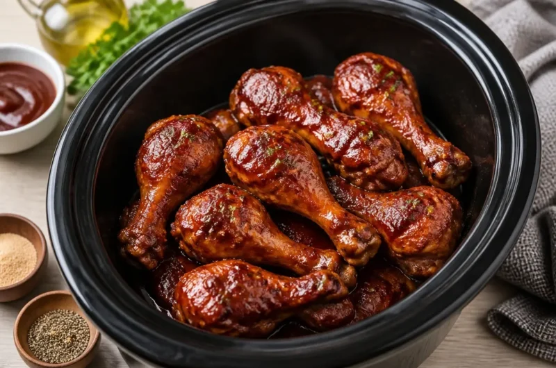 Delicious BBQ chicken legs cooked in a crock pot for a flavorful meal.