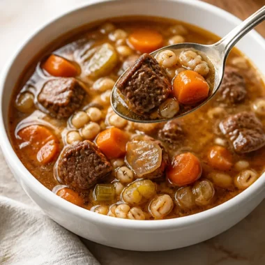 Bowl of Beef and Barley Stew garnished with fresh herbs