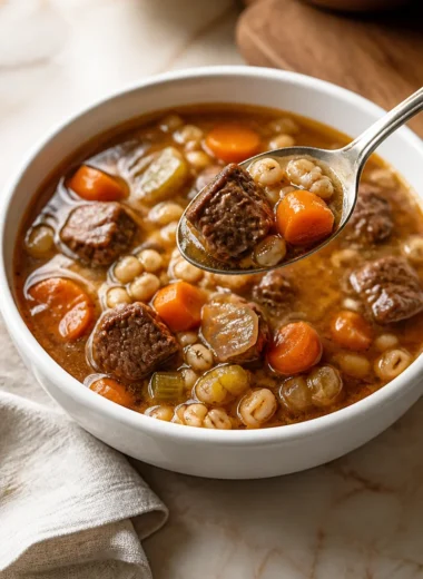 Bowl of Beef and Barley Stew garnished with fresh herbs