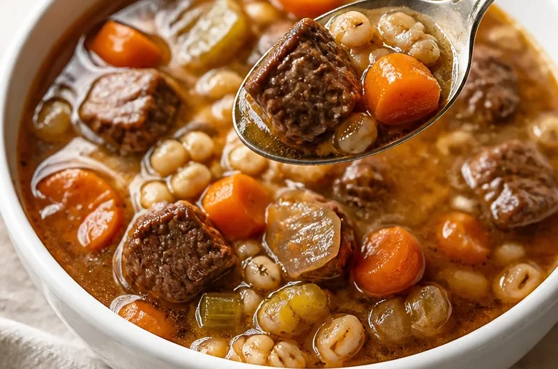 Bowl of Beef and Barley Stew garnished with fresh herbs