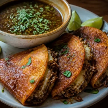 Delicious and spicy Birria Tacos served with fresh toppings and consume.