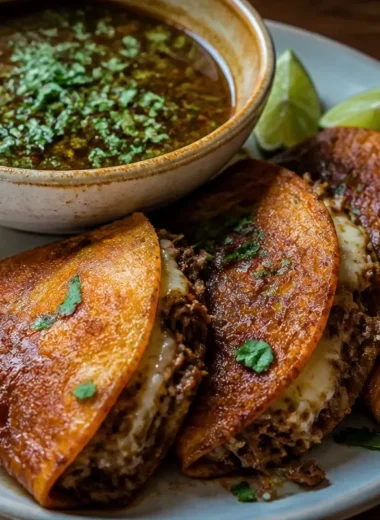 Delicious and spicy Birria Tacos served with fresh toppings and consume.