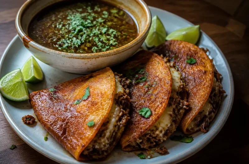 Delicious and spicy Birria Tacos served with fresh toppings and consume.