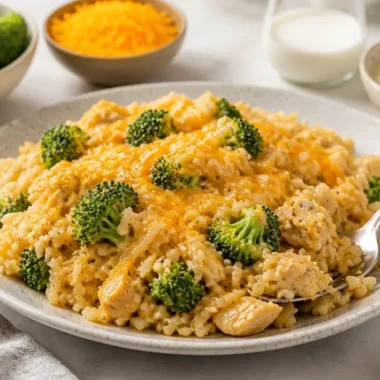 Cheesy Chicken and Rice Casserole topped with melted cheese and herbs