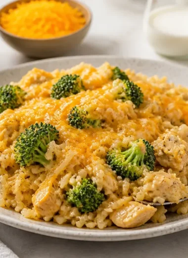 Cheesy Chicken and Rice Casserole topped with melted cheese and herbs
