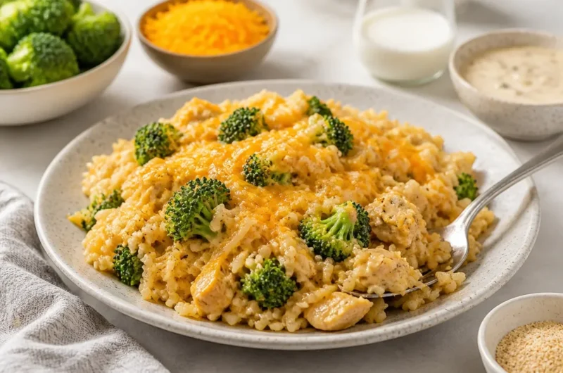 Cheesy Chicken and Rice Casserole topped with melted cheese and herbs