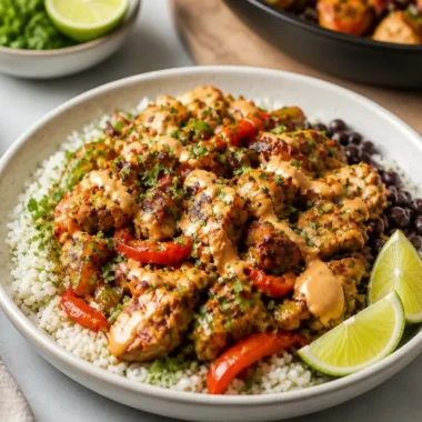 Delicious Chicken Fajita Burrito Bowl with colorful vegetables and toppings