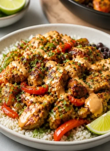 Delicious Chicken Fajita Burrito Bowl with colorful vegetables and toppings