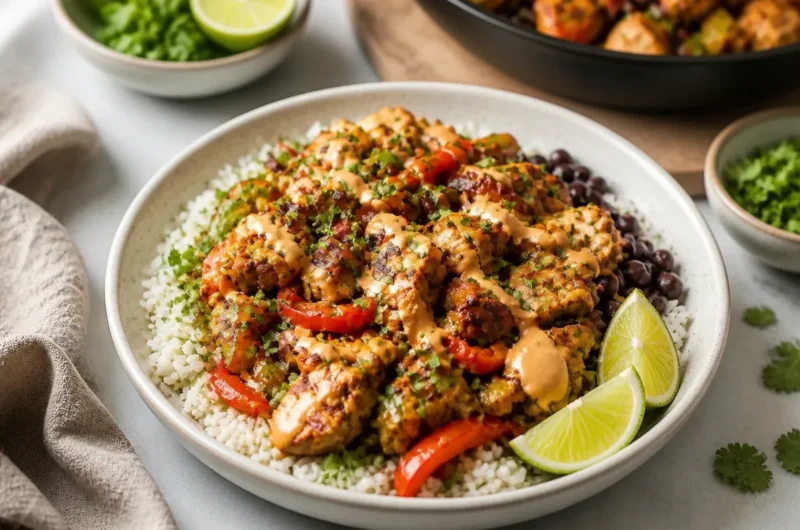 Delicious Chicken Fajita Burrito Bowl with colorful vegetables and toppings