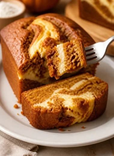 Cozy pumpkin bread with cream cheese swirl slice on a rustic table
