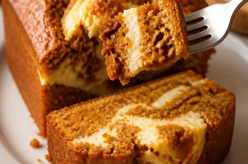 Cozy pumpkin bread with cream cheese swirl slice on a rustic table