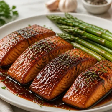 Creamy balsamic glazed salmon on a plate garnished with herbs and lemon.