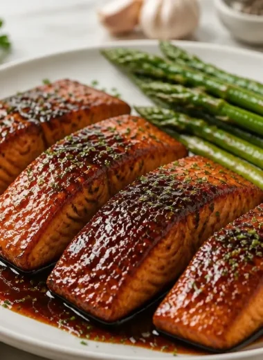 Creamy balsamic glazed salmon on a plate garnished with herbs and lemon.