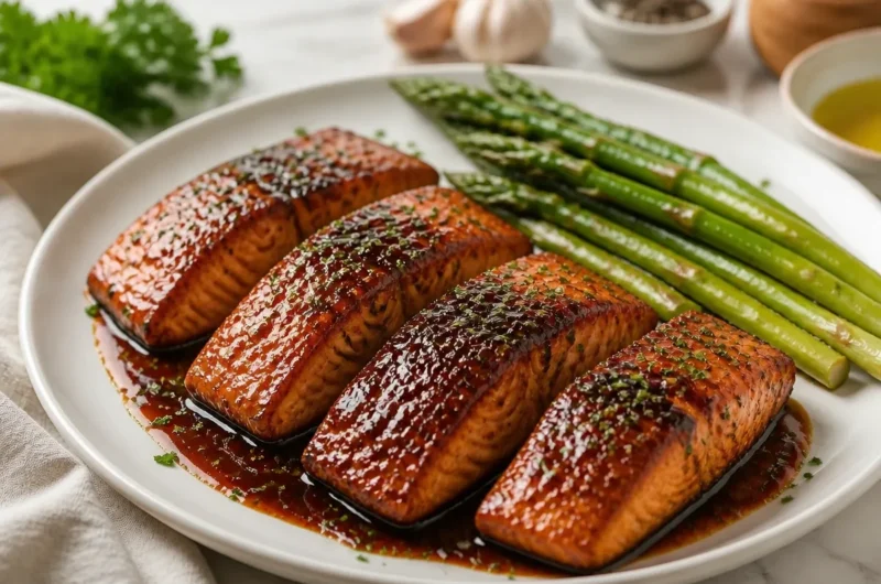 Creamy balsamic glazed salmon on a plate garnished with herbs and lemon.