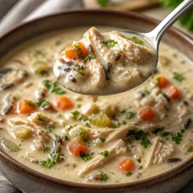 Creamy chicken soup with wild rice in a bowl, perfect comfort food.