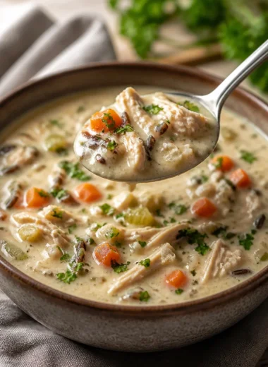 Creamy chicken soup with wild rice in a bowl, perfect comfort food.