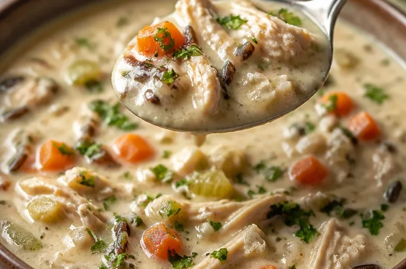 Creamy chicken soup with wild rice in a bowl, perfect comfort food.